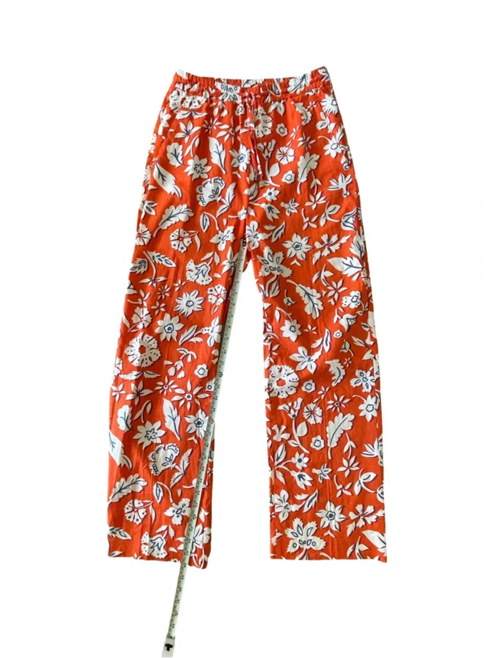 Zara Linen Blend Floral Drawstring Pants Wide Leg Orange White Size Small